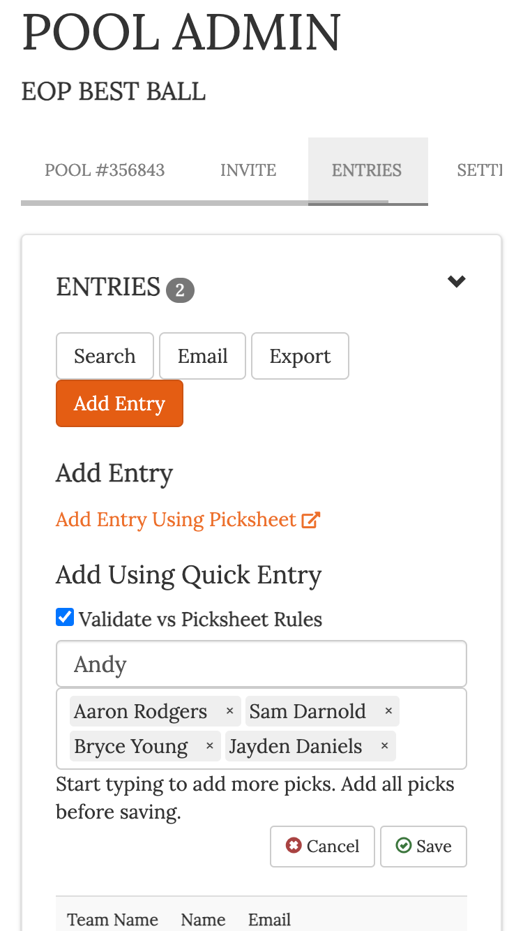 Best Ball fantasy football Pool quickly enter draft picks