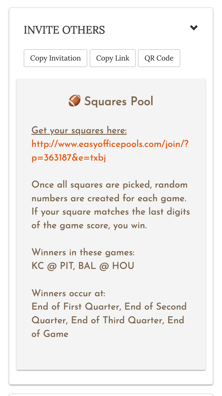 football squares screenshot of invitation