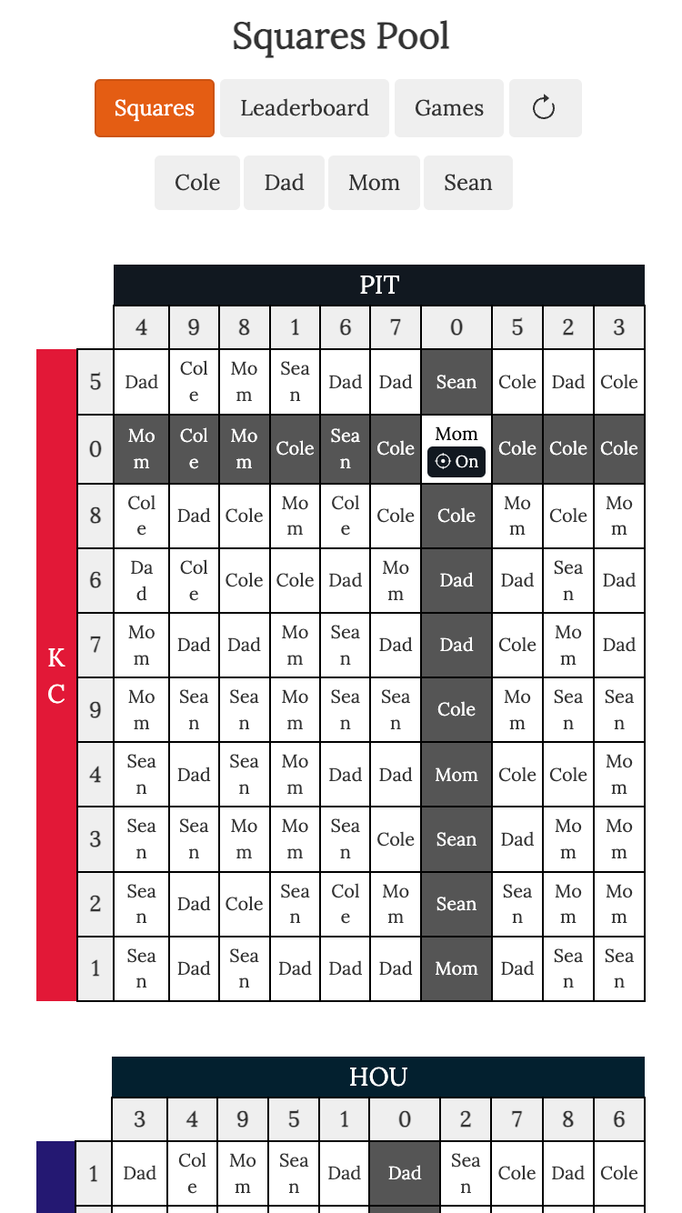 football squares screenshot of random numbers revealed