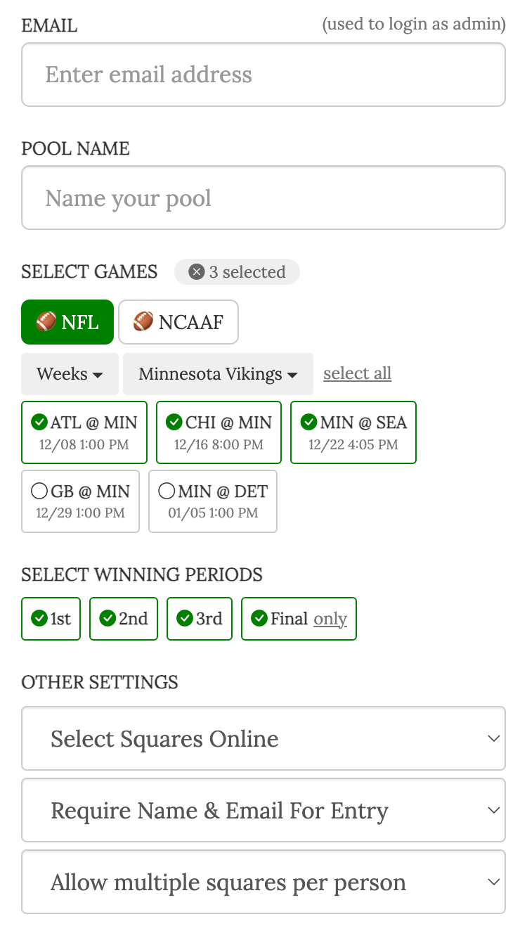 football squares screenshot setting up your game