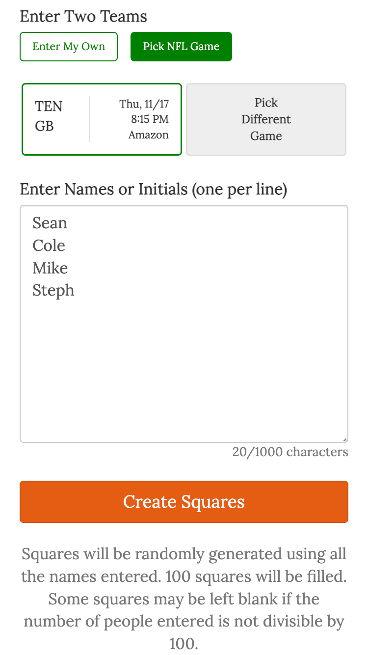 football squares online screenshot enter names