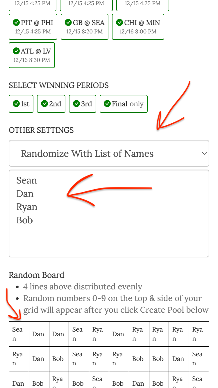 football squares screenshot random generated board with names and numbers