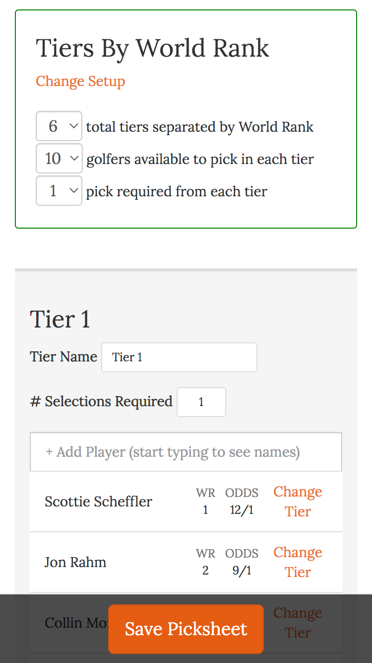 golf pool by odds tiers by world rank