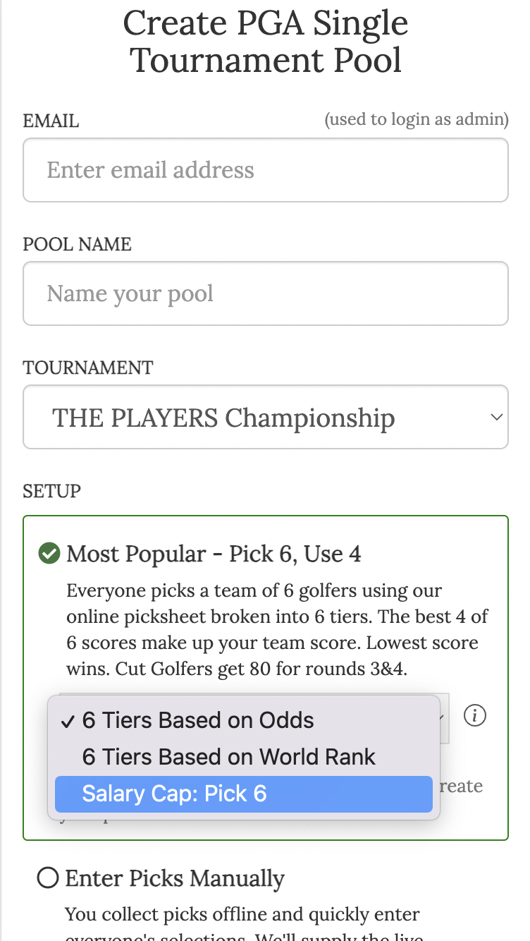 golf pool salary cap setup create with default 6 golfer setting