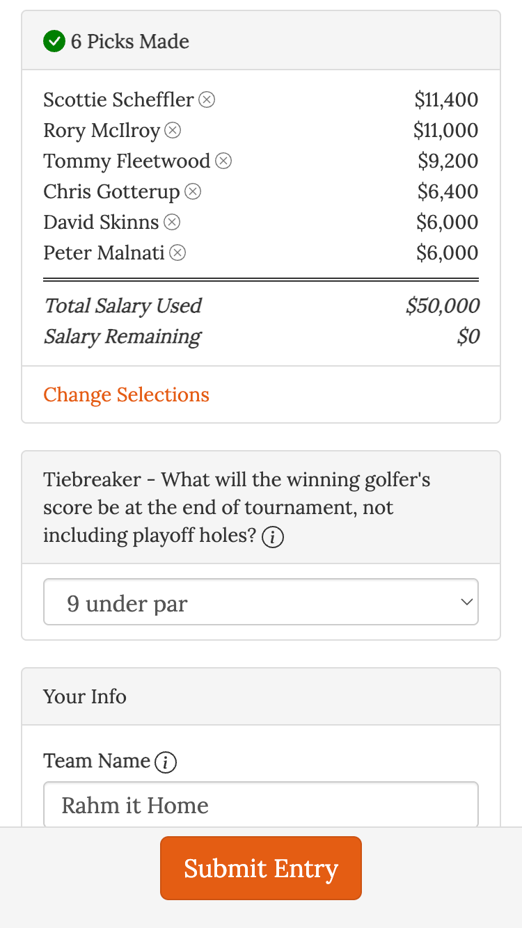 golf pool salary cap picks made