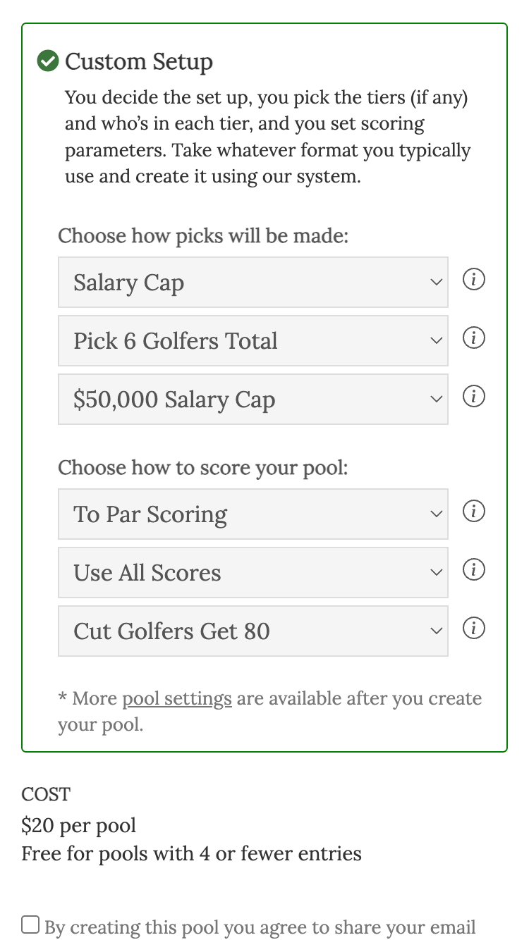 golf pool salary cap setup create with custom setting