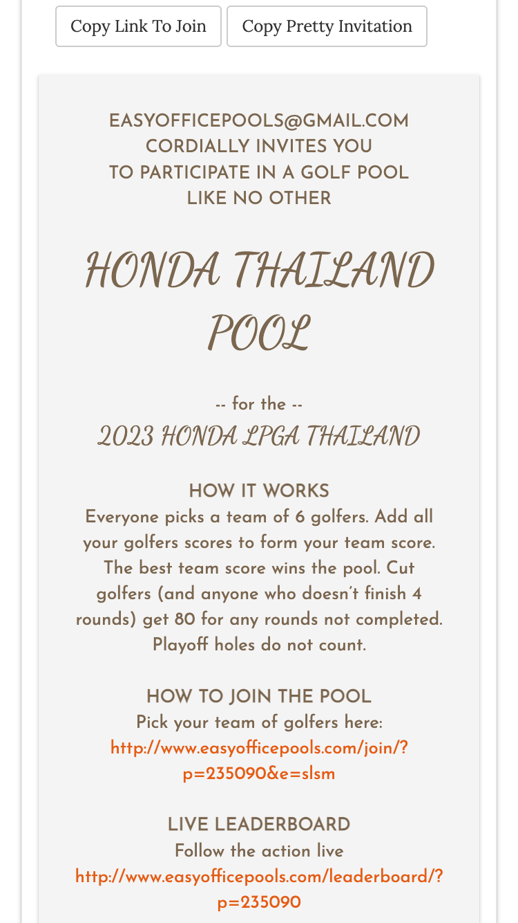 lpga golf pool invite screenshot