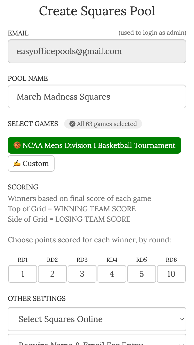 march madness squares screenshot setting up your game