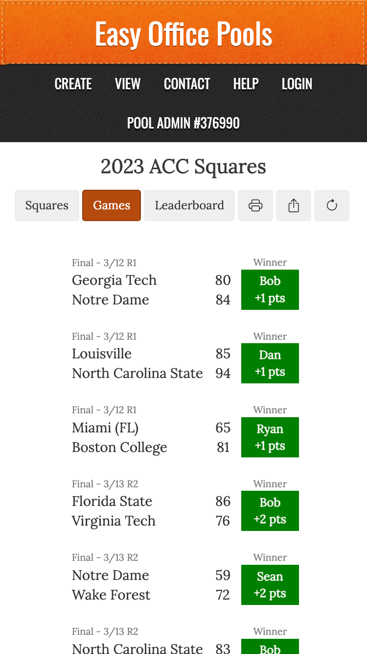 march madness squares screenshot of winning squares