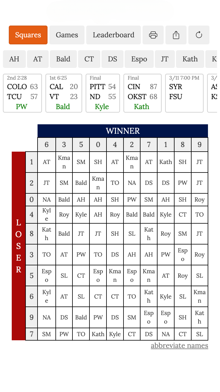 march madness squares screenshot of random numbers revealed
