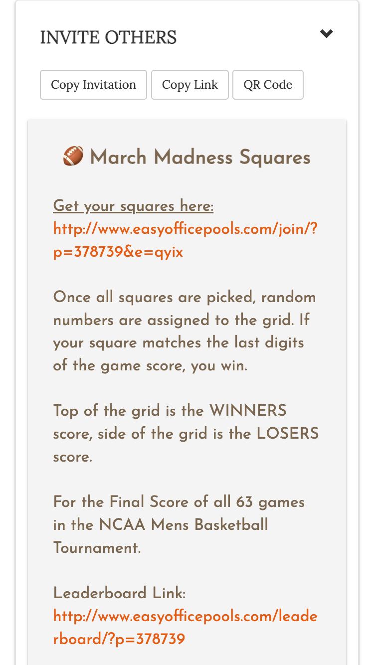 march madness squares screenshot of invitation