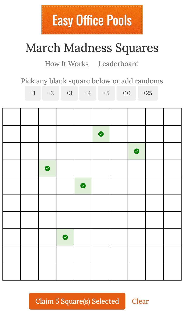 march madness squares screenshot of picking your square online