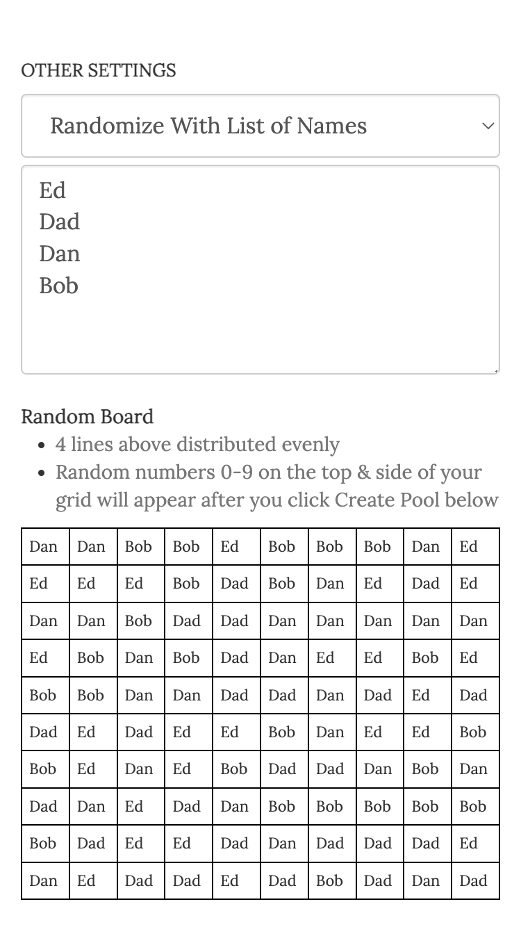 march madness squares screenshot random generated board with names and numbers