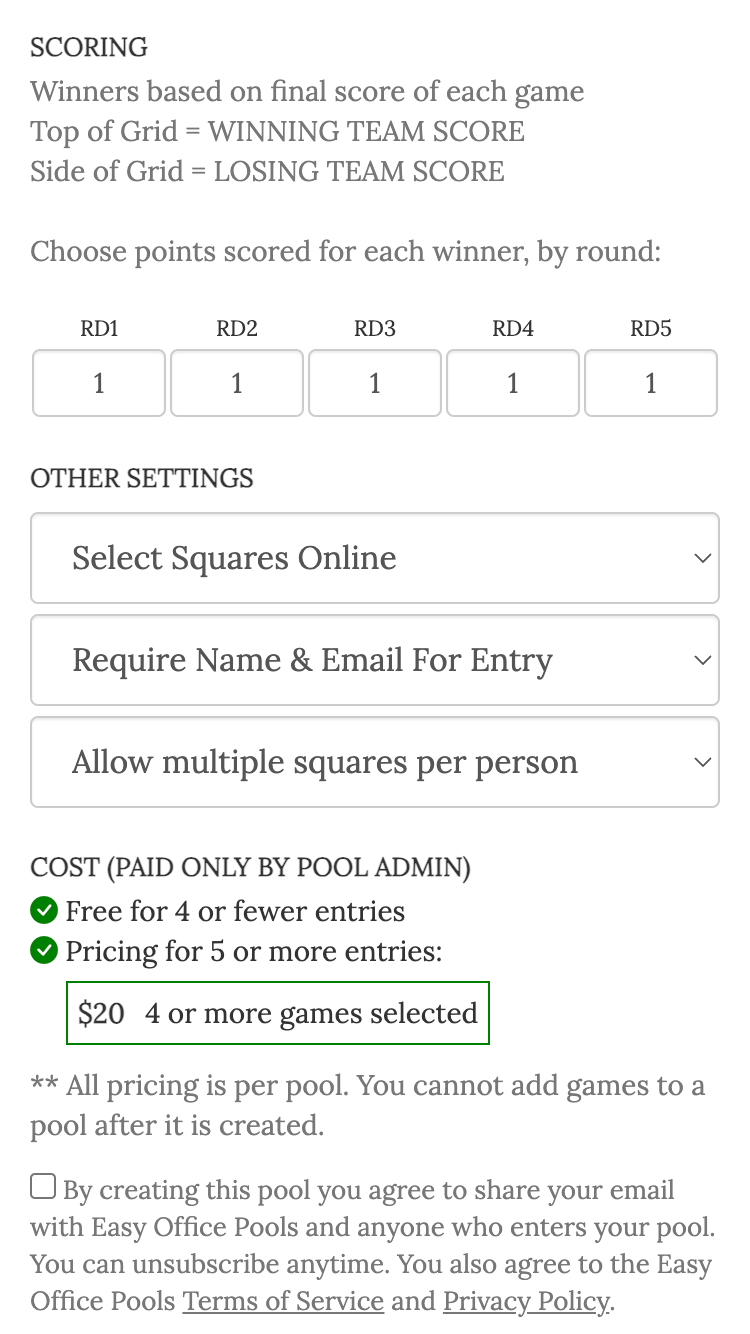 march madness squares screenshot scoring by round