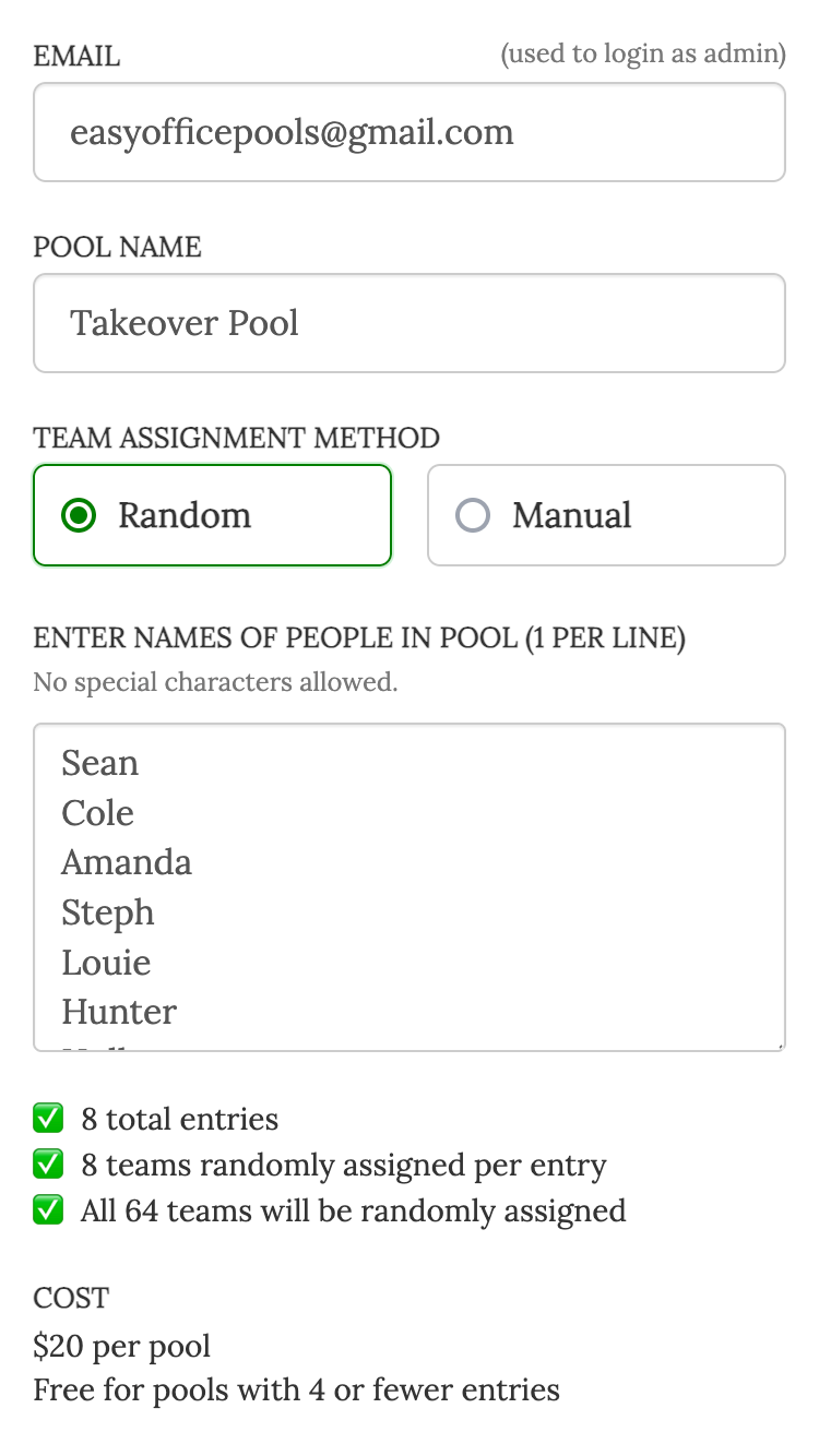 College Basketball Takeover pool team assignment