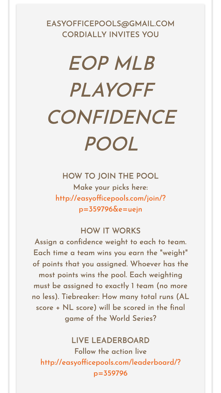MLB Playoff Confidence Pool invitation screenshot