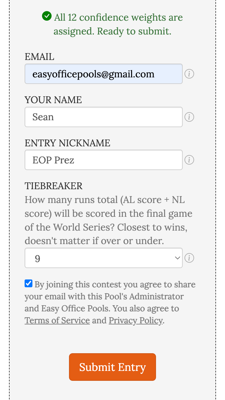 MLB Playoff Confidence Pool entry form info screenshot