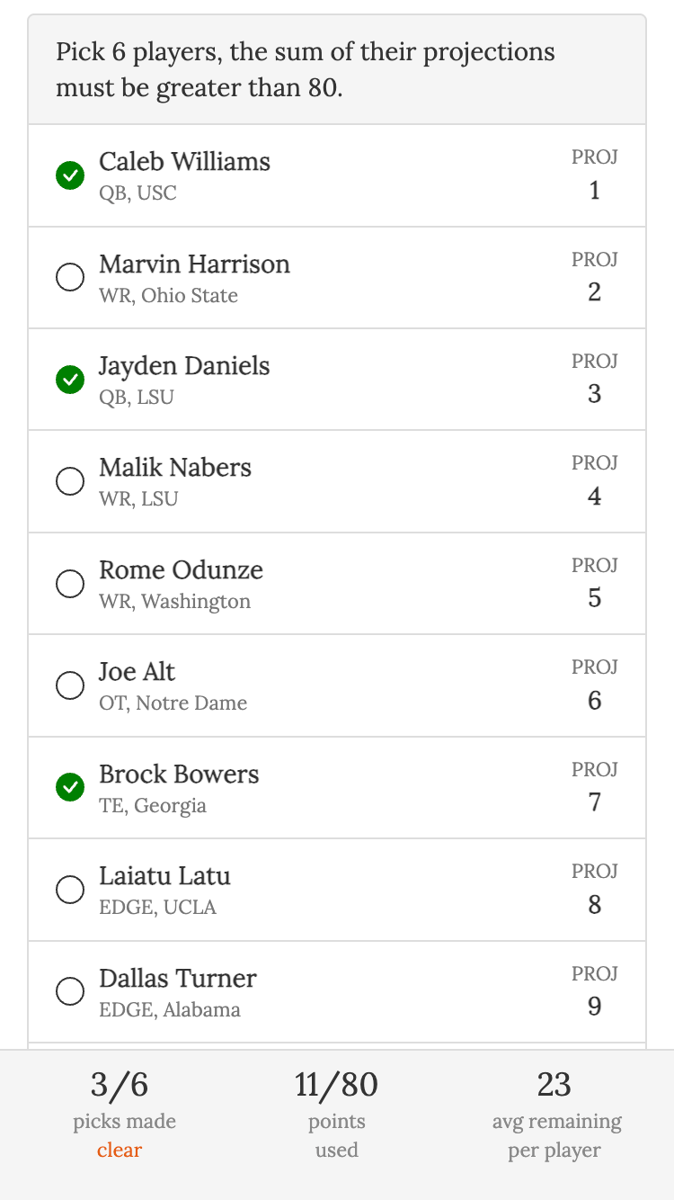 NFL draft pool pick your team online