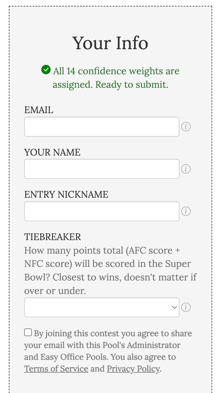 NFL Playoff Confidence Pool entry form info screenshot
