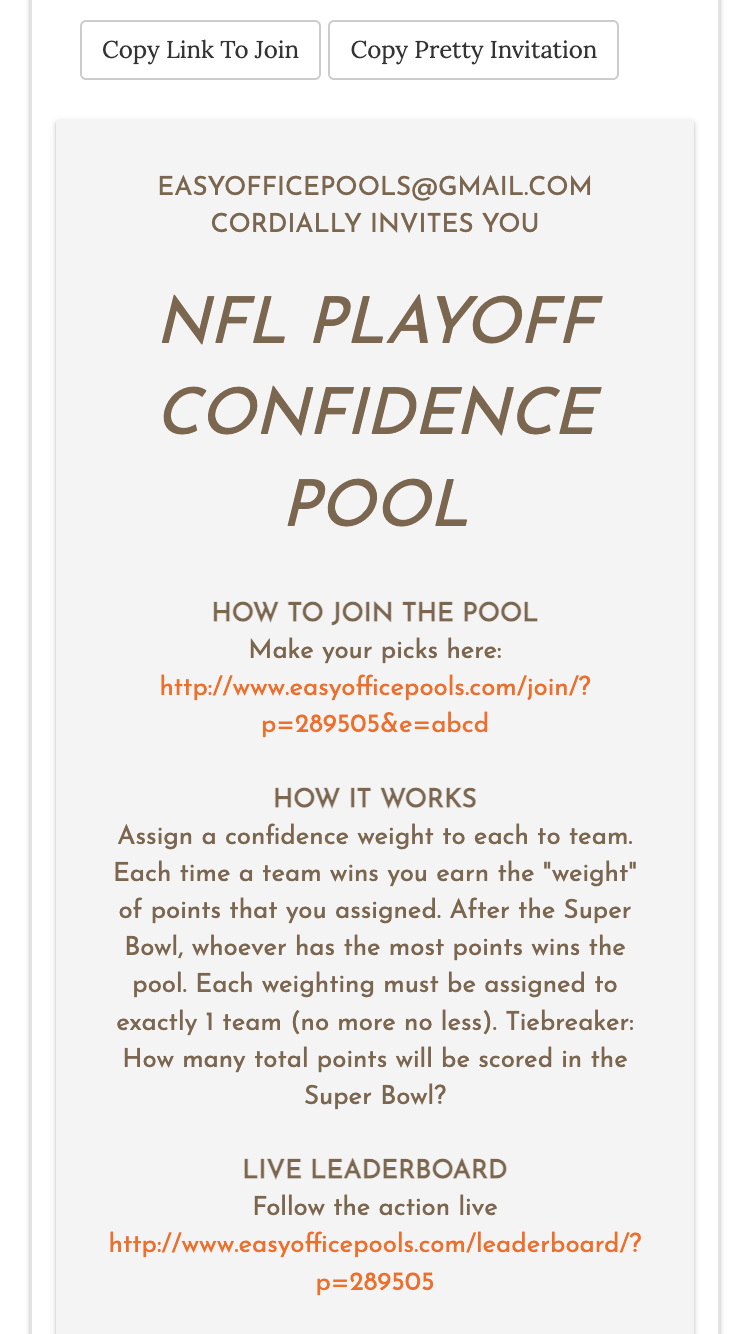 NFL Playoff Confidence Pool invitation screenshot