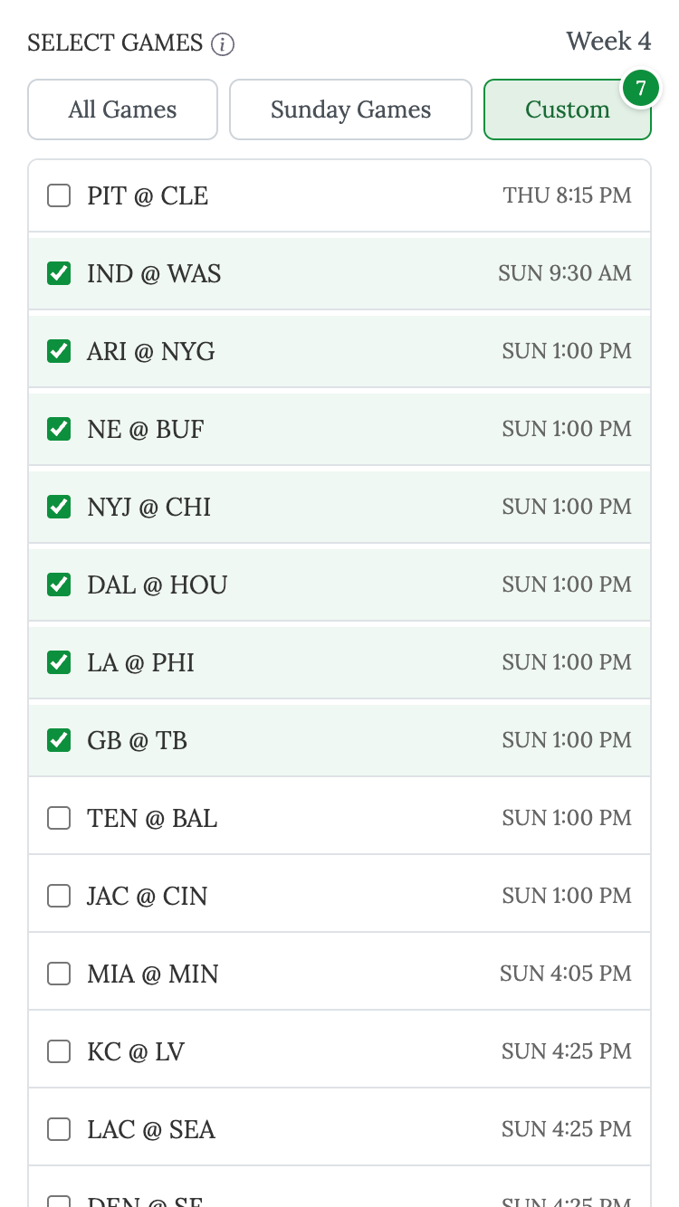 NFL pickem setup with custom games selected