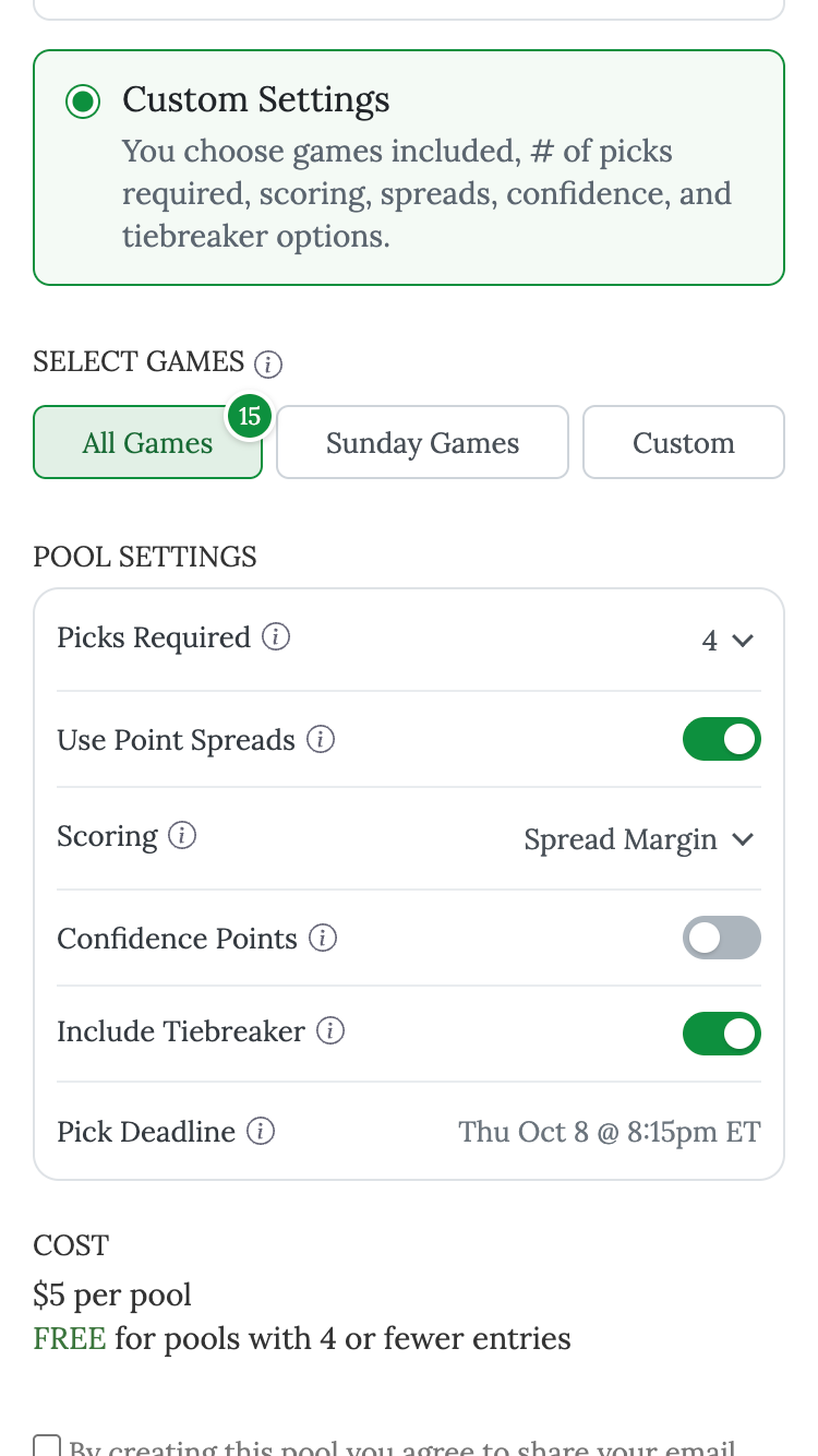 NFL pickem setup with all games selected and pool settings