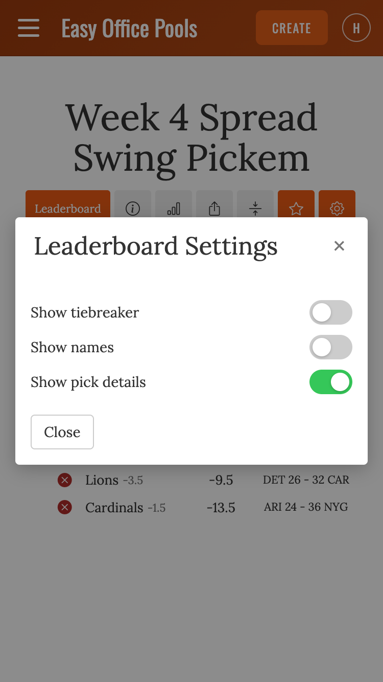 NFL pickem pool settings including picks required, spreads, confidence points, and tiebreaker