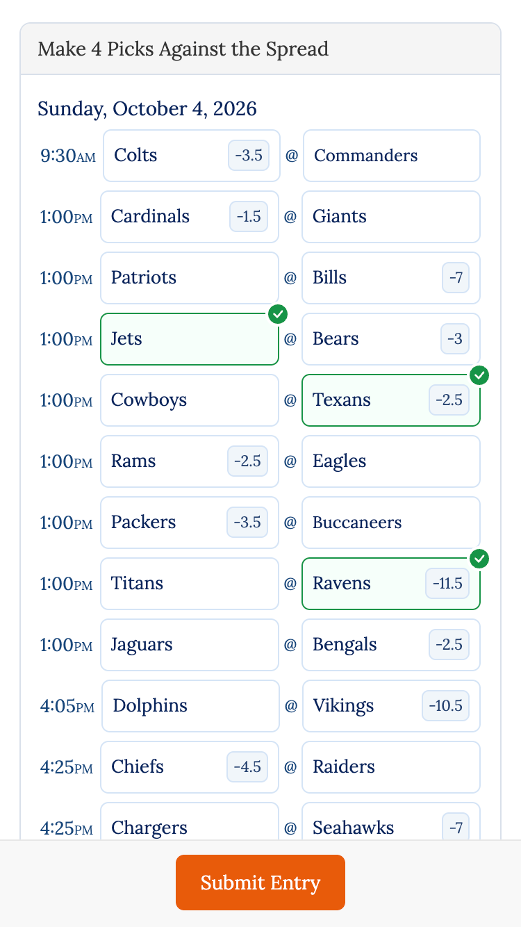 NFL pick make picks screens pick winners of games
