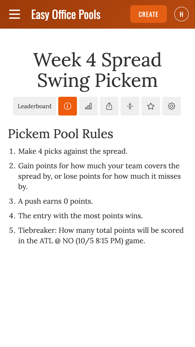 NFL pickem pool rules displayed in the app
