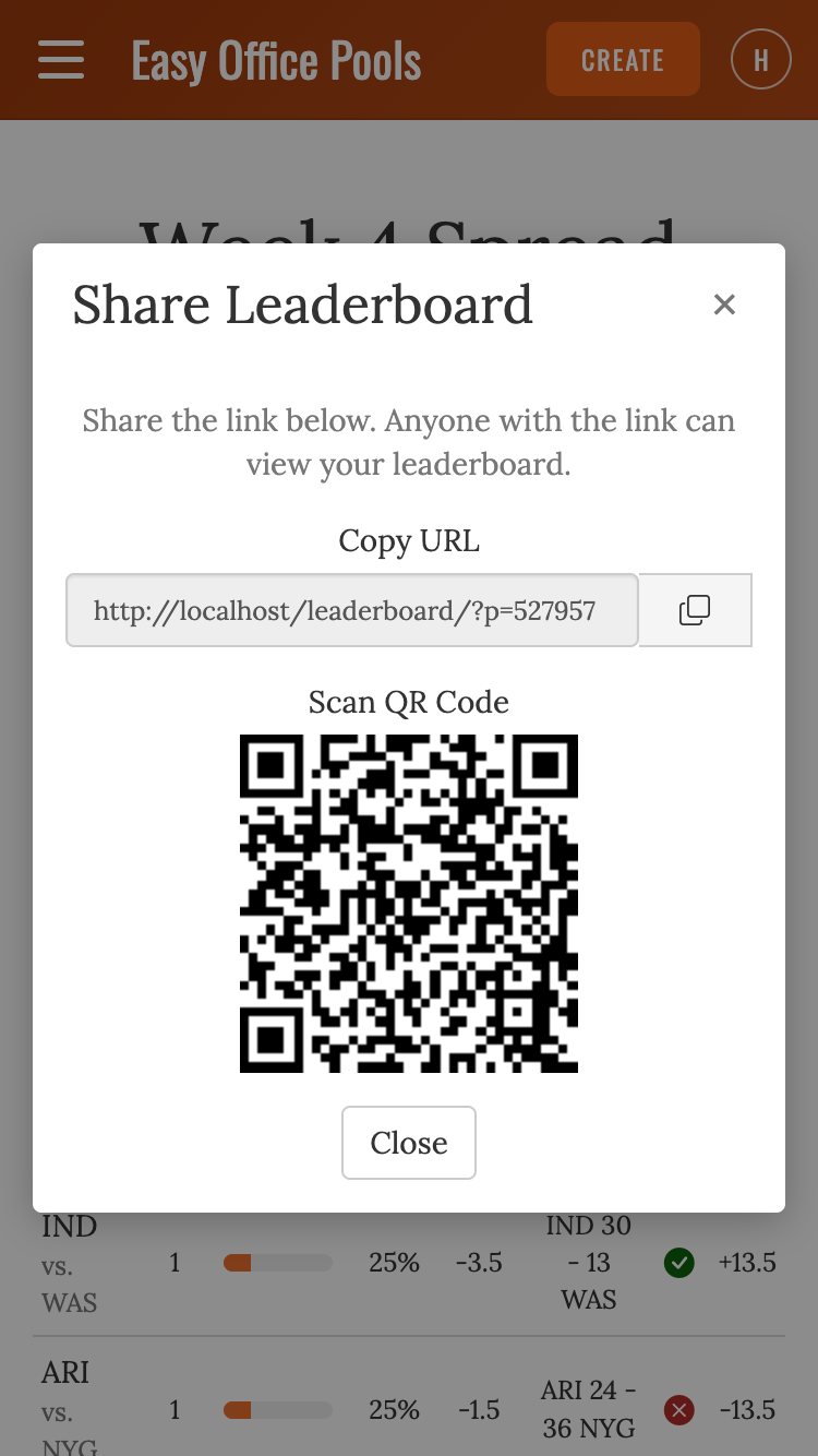 NFL pickem share leaderboard dialog with link and QR code