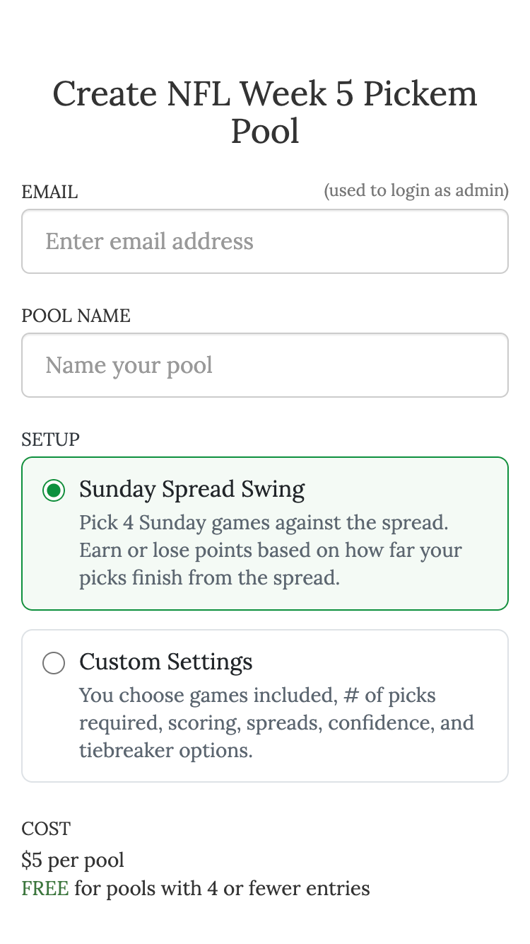 NFL pickem setup with Sunday Spread Swing selected