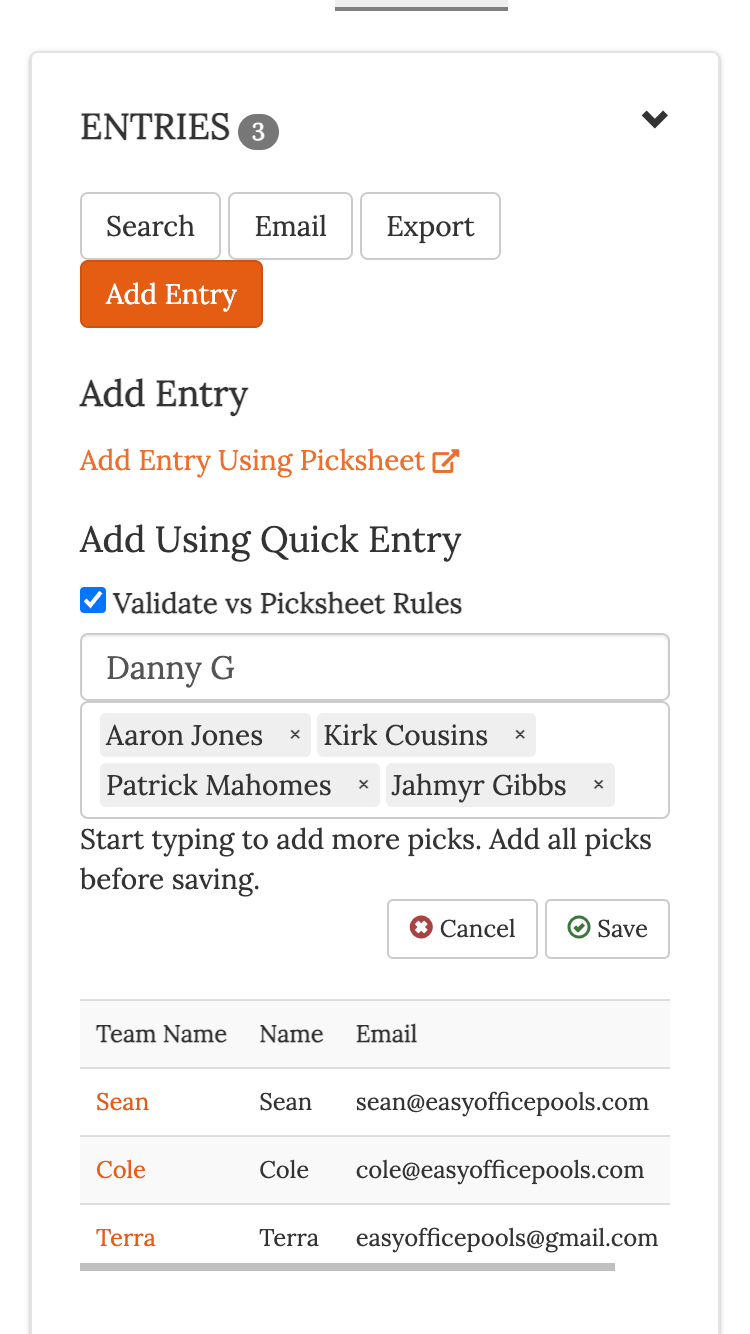 Weekly fantasy football Pool quickly enter draft picks