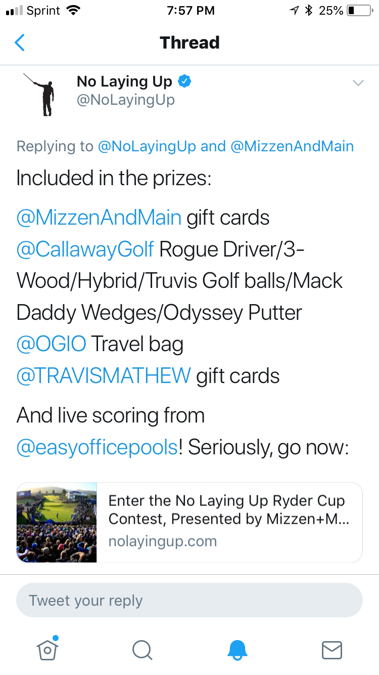 No Laying Up tweet promoting their Ryder Cup pool